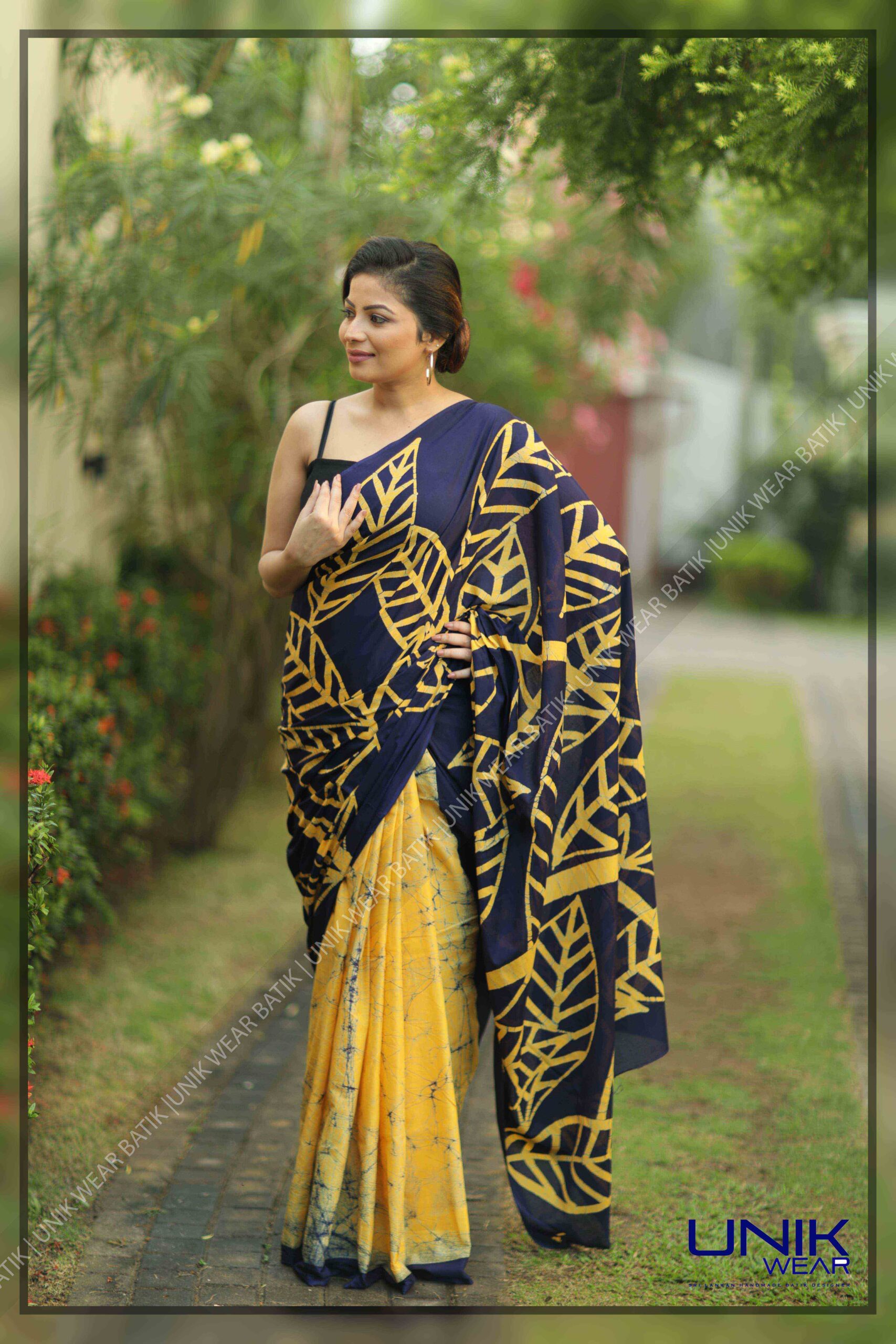 Blue And Yellow Sri Lankan Handmade Cotton Batik Saree 2119 Unikwearlk 