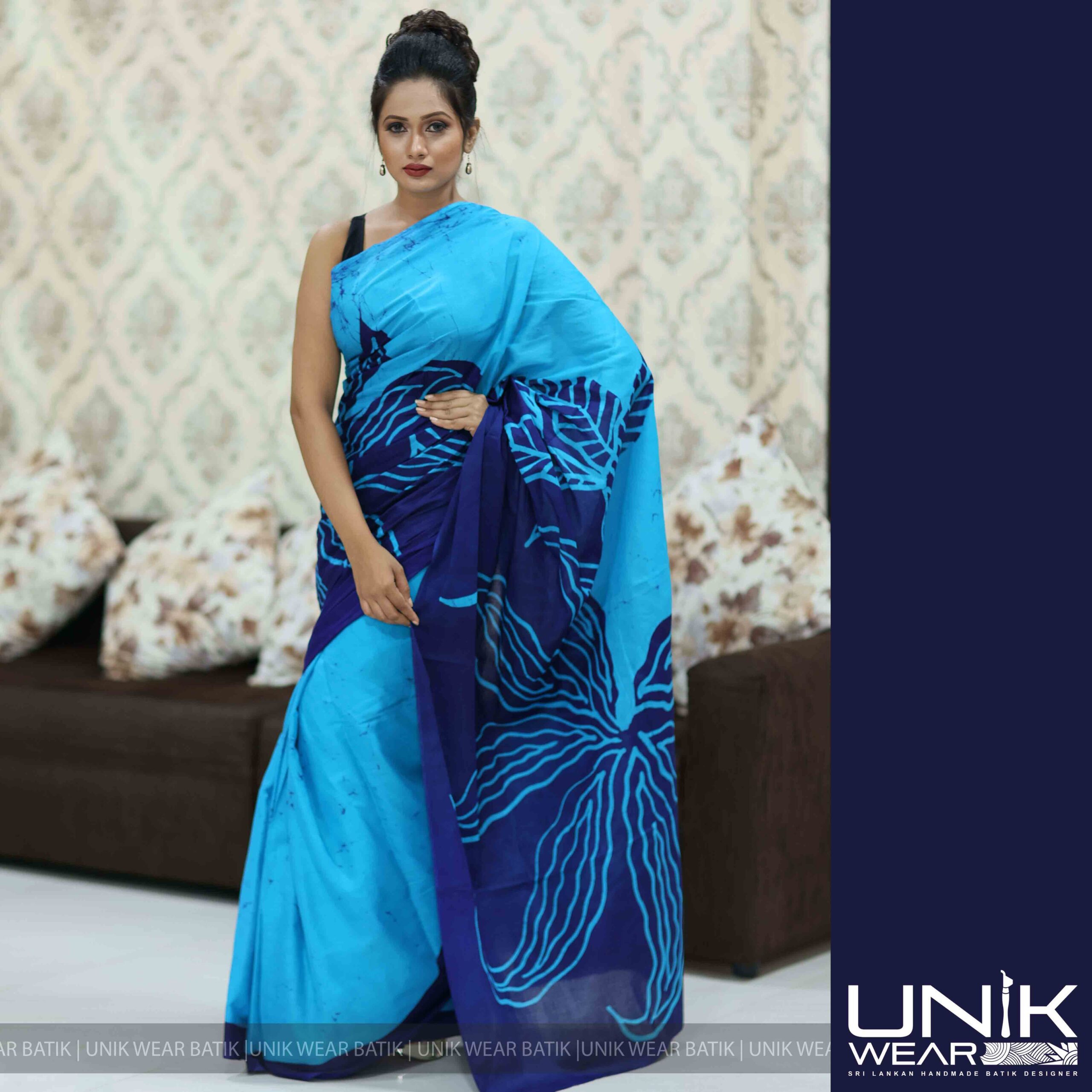 BLUE COLOR SRI LANKAN HANDMADE COTTON BATIK SAREE 2135 - UnikWear.lk